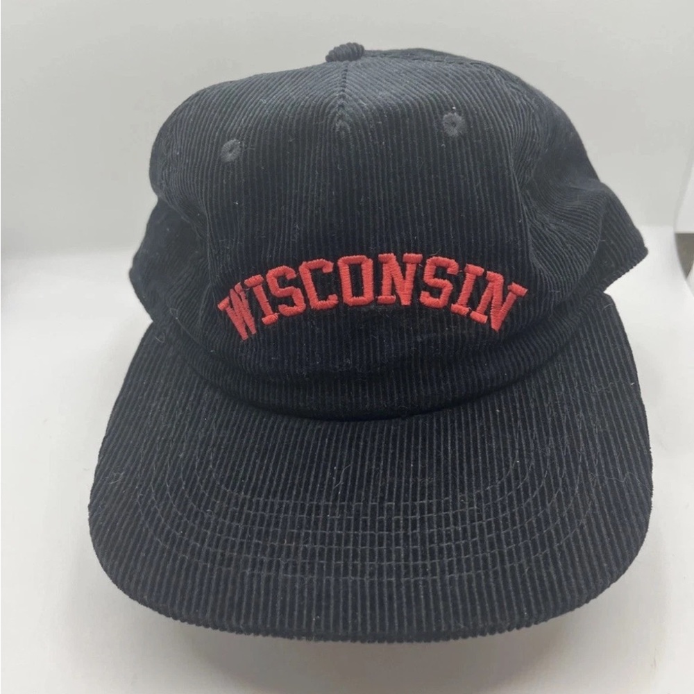 Vintage Wisconsin Badgers Adjustable Corduroy Baseball Hat Cap, Black with Red